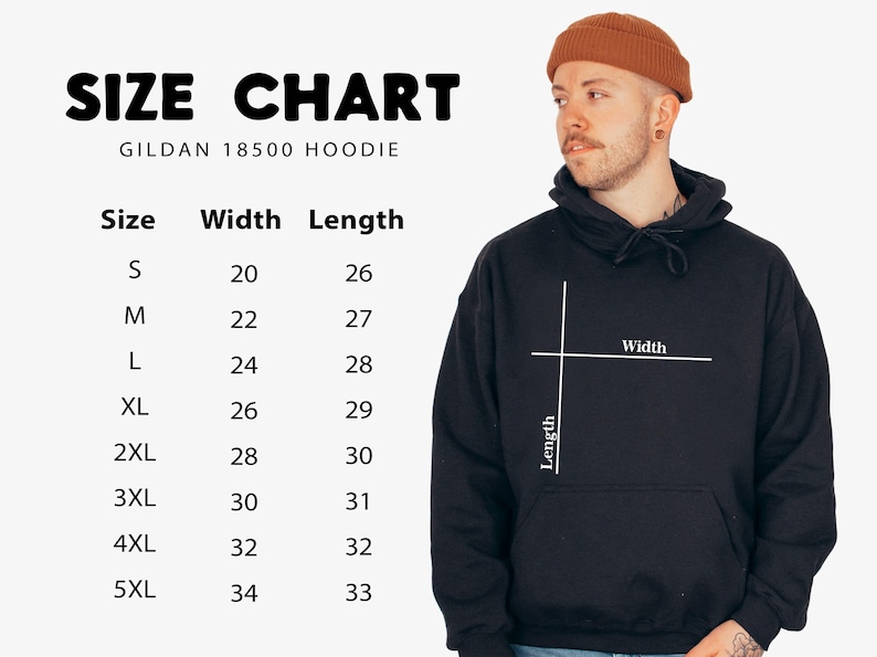 May include: Size chart for a Gildan 18500 hoodie. The chart shows the width and length measurements in inches for sizes S through 5XL.