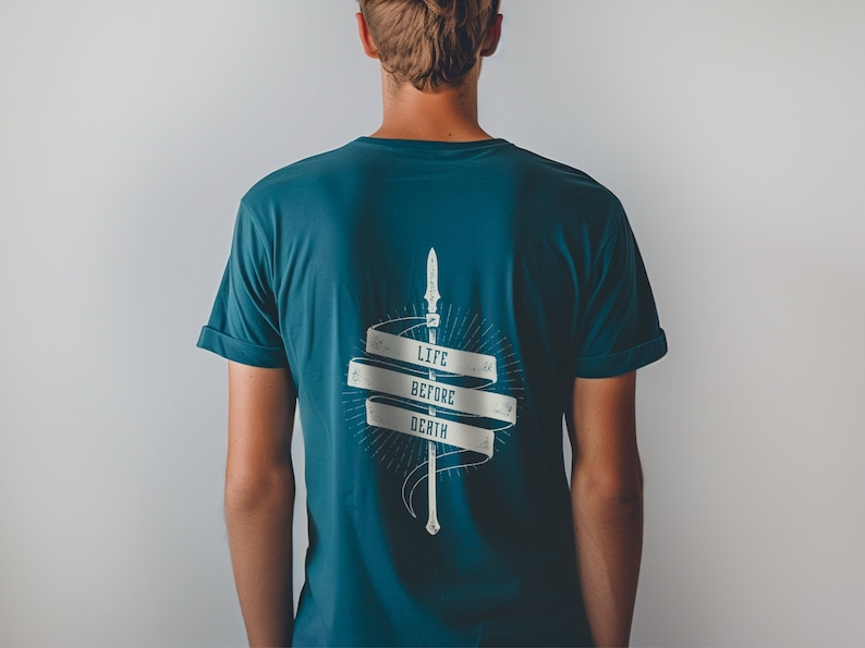 Life before death, quote on flag with spear in background
