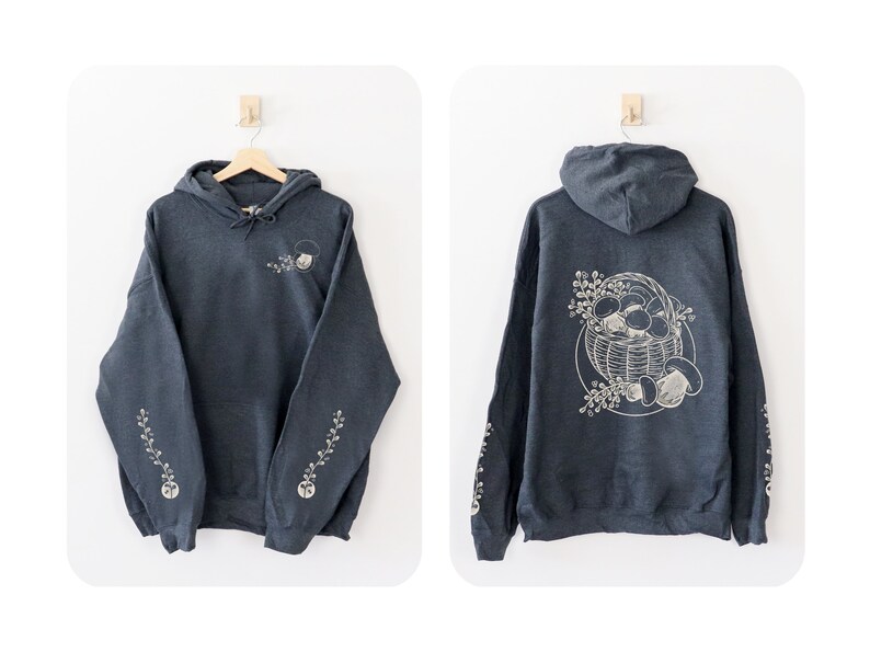 Cute mushroom hoodie. Dark heather coloring. Fall hoodie.
