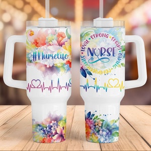 Nurse Rainbow Floral 40 oz Tumbler Sublimation Design, 40 oz Tumbler Wrap PNG, Instant Digital Download PNG