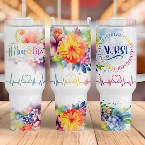Nurse Rainbow Floral 40 oz Tumbler Sublimation Design, 40 oz Tumbler Wrap PNG, Instant Digital Download PNG