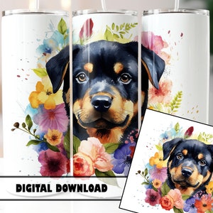 Rottweiler Puppy Floral Skinny Tumbler Wrap Sublimation Design, Straight & Tapered Tumbler Wrap PNG,Instant Digital Download PNG