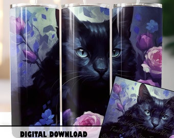 Black Cat Floral Skinny Tumbler Wrap Sublimation Design, Straight & Tapered Tumbler Wrap PNG,Instant Digital Download PNG