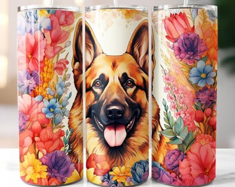 German Shepard Dog Floral Tumbler Sublimation Design, Straight & Tapered Tumbler Wrap PNG,Instant Digital Download PNG