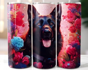 Black German Shepard Dog Floral Tumbler Wrap Sublimation Design, Straight & Tapered Tumbler Wrap PNG,Instant Digital Download PNG