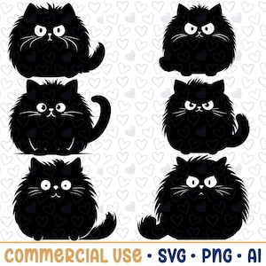 May include: A collection of six black cat illustrations with various expressions. The cats have fluffy fur and white whiskers. The background is a pattern of white hearts. The text "COMMERCIAL USE • SVG • PNG • AI" is at the bottom.