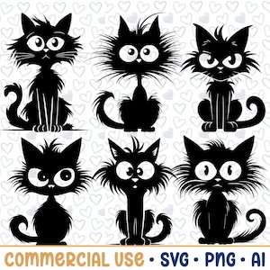 6 cartoon cat svg bundle, cat silhouette, png,vector, commercial use,transparent background,svg files,svg bundle