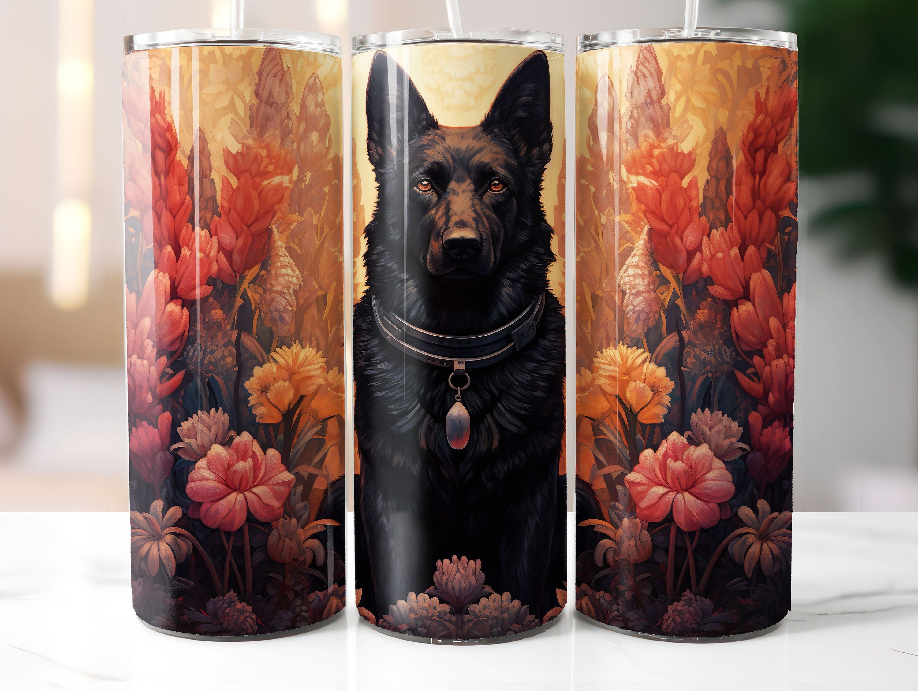 Black German Shepard Dog Floral Tumbler Wrap Sublimation Design, Straight & Tapered Tumbler Wrap PNG,Instant Digital Download PNG