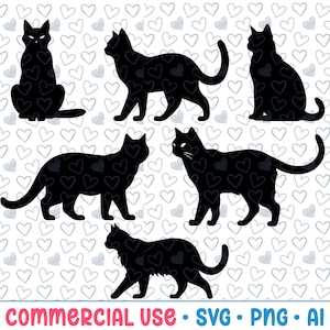 6 black cat svg bundle, cat silhouette, png,vector, commercial use,transparent background,svg files,svg bundle,for cricut