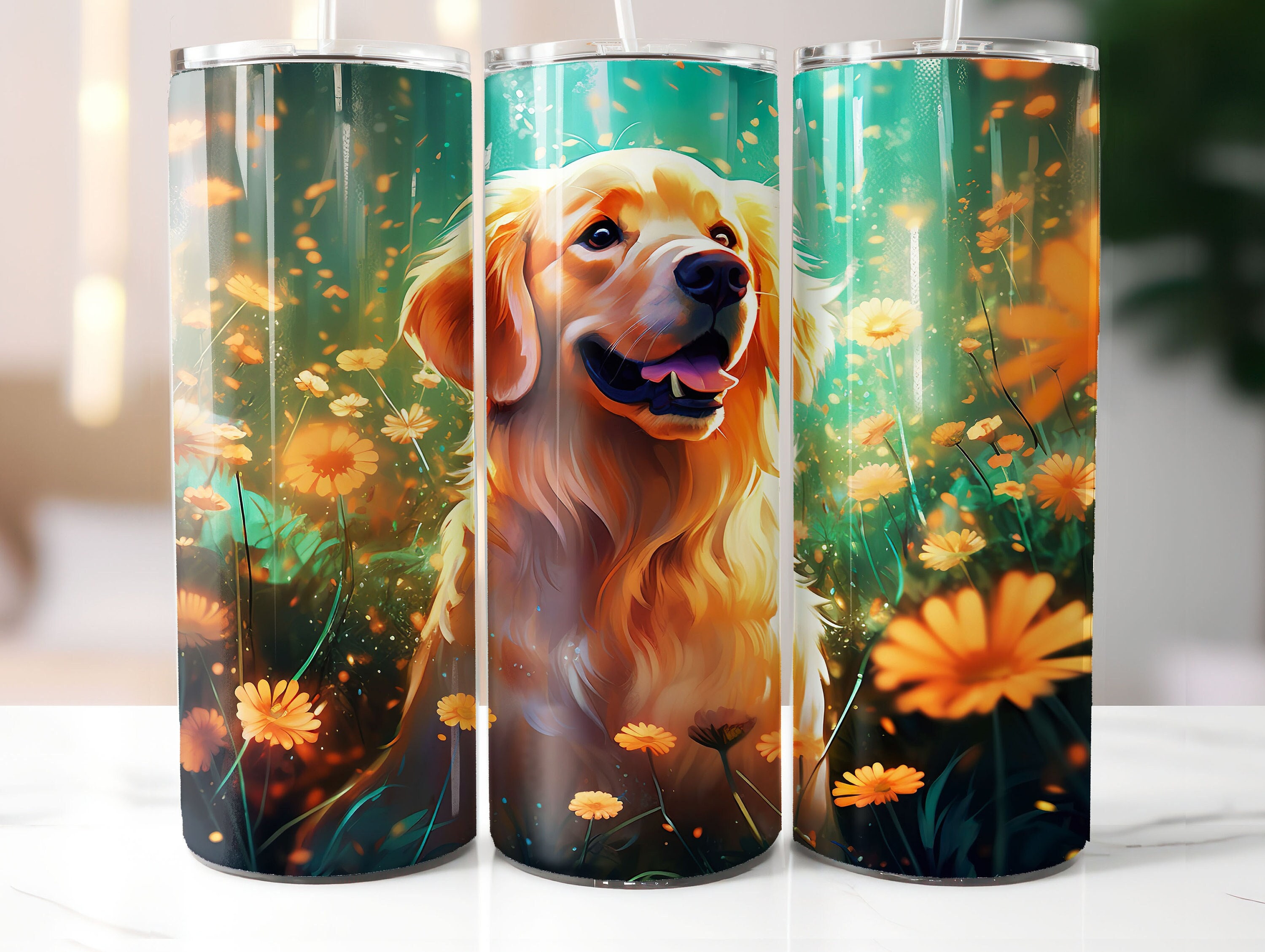 Golden Retriever Dog Floral Tumbler Wrap Sublimation Design - Etsy