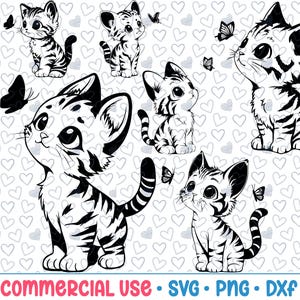 6 蝶猫 SVG バンドル|猫のシルエット|PNG DXF|ベクター|商用利用|透明な背景、SVG ファイル|SVG バンドル|かわいい黒猫 SVG