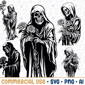 Puede incluir: Cinco ilustraciones en blanco y negro de una figura encapuchada sosteniendo rosas. La figura se representa como un esqueleto con una larga túnica y una cara de calavera. Las rosas están estilizadas y tienen un diseño simple.