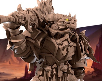 May include: A detailed, sculpted figurine of a dragon-like creature wearing armor. The creature has a large, reptilian head with horns and a yellow eye. The armor is made of a textured, brown material and features intricate details.