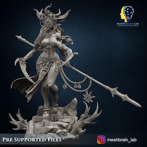 May include: A 3D printed model of a female figure with horns, a mask, and a spear. She is standing on a rocky base with skulls and thorns. The model is pre-supported for 3D printing.