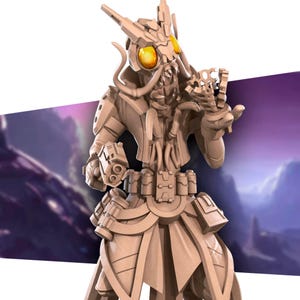 May include: A beige figurine of a science fiction character with large, yellow eyes and a complex, armored design. The figure is holding a gun in one hand and a mechanical device in the other. The character has multiple tentacles and a detailed costume.