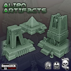 May include: A set of green 3D-printed alien artifacts, featuring a pyramid, a tower, and an arched structure. The words "Alien Artifacts" are displayed. These OpenLOCK compatible models are designed for tabletop gaming.