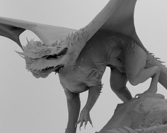 May include: A grayscale sculpture of a dragon with large wings, sharp claws, and a detailed, textured body. The dragon is posed on a rocky surface, with its head lowered and wings spread, suggesting a dynamic, powerful stance.