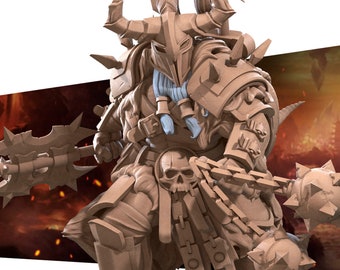 May include: A detailed, tan-colored figurine of a warrior in full armor, wielding a spiked mace. The warrior has a horned helmet, a skull emblem on the chest, and a chain-like weapon. The figure is designed with intricate details, suggesting a fantasy or tabletop game theme.