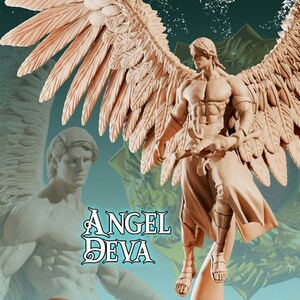 May include: A detailed, unpainted resin figurine of an angel with large wings, a muscular torso, and a flowing robe. The figurine is standing on a round base and is holding a sword in its right hand. The text "Angel Deva" is visible in the image.
