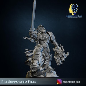 May include: A 3D printed miniature of a warrior in armour, holding a sword and standing on a dragon's head. The miniature is grey and has intricate details. The text "PRE SUPPORTED FILES" is at the bottom of the image.