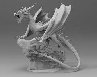 May include: A white, detailed dragon sculpture with wings spread wide, perched on a rocky base. The dragon has a fierce expression and sharp claws.