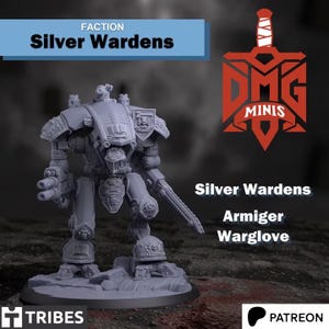May include: A grey unpainted miniature robot figure titled Silver Wardens Armiger Warglove. The figure features a mechanical design with a dual-barreled weapon on the right arm, a blade on the left, and detailed armour plating on the legs and shoulders.