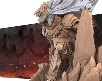 May include: A detailed figurine of a warrior in ornate armor, with a dragon-like helmet and flowing white cape. The figure is posed on a rocky base, with a fiery background suggesting a battle scene. The armor is a light brown color.