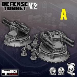 May include: A 3D printed model of a sci-fi defence turret with two cannons. The turret is on a base with a hexagonal design. The model is compatible with OpenLOCK and is optimised for 3D printing. The model is labelled "Defence Turret V.2" and "A".