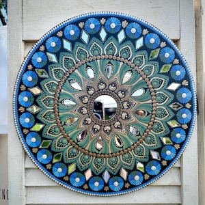 hand painted mandala dot art on 14” wood round with mirrors | boho | dorm decor