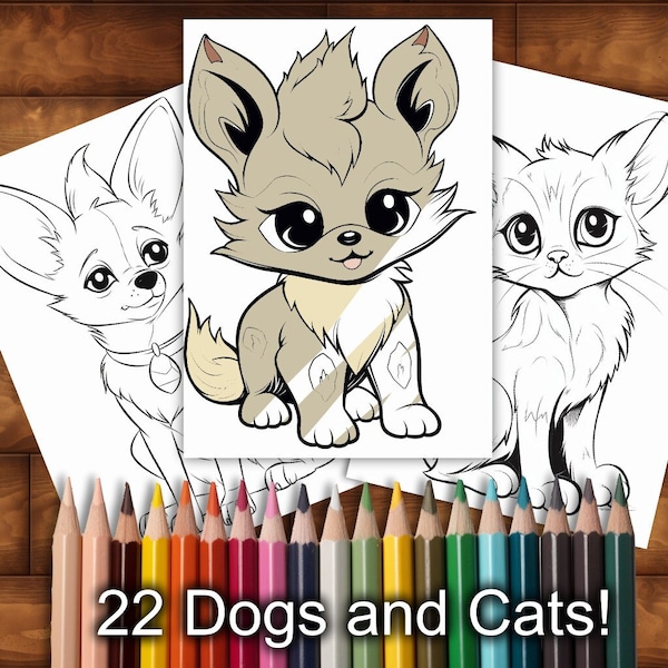 Colorful Critters! 22 Coloring pages of cute puppy dogs and kitty cats.