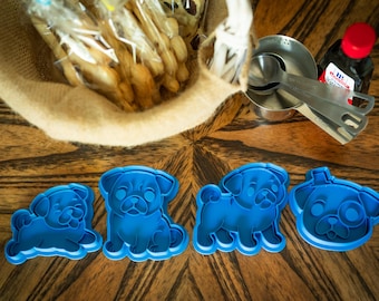 Pug Cookie Cutter Set: 4 Poses with Matching Stamps
