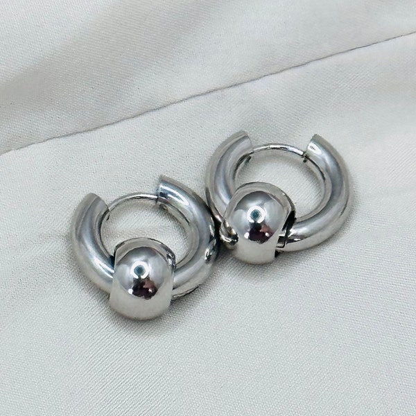 Chunky Round Hoop Earrings, Thick Round Hoop Ball Earrings, Stainless Steel Women Big Hoop Earrings, Christmas Gift, Unisex Silver Earrings