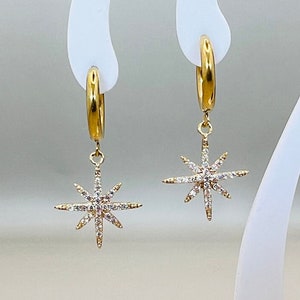 Gold Plated Huggie Hoop North Star Earrings, CZ Crystal Star Earrings, Hoop Earrings, Dainty Drop Dangle Star Earrings, Gift for Her