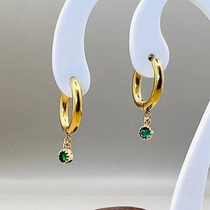 Emerald Colour Huggie Hoop Earrings, Green Earrings, Gold Plated Green Hoop Earrings, Dainty Round Crystal Stone Earrings, CZ Earrings