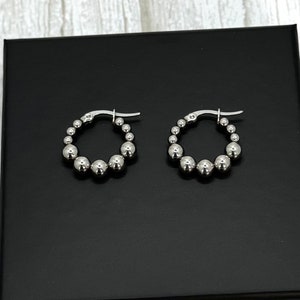 Silver Beaded Ball Hoop Earrings, Bauble Huggie Hoops, Stainless Steel Bead Ball Earrings, Statement Bubble Earrings, Christmas Gift