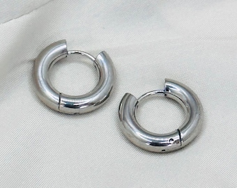Chunky Stainless Steel Hoop Earrings: Silver Ball Design