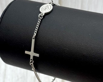 Pulsera de acero inoxidable con dije de la Virgen María: Medalla de cruz religiosa