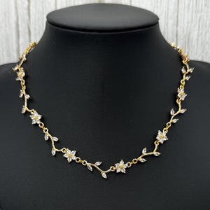 Leafy Branch Vine Petal Flower Bridal Necklace, Earring, Bracelet Set, Gold Daisy CZ Crystal Rhinestone Choker, Drop Huggie Hoop Earring,