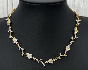 Gold Daisy CZ Crystal Bridal Jewelry Set: Vine Necklace, Earrings, Bracelet