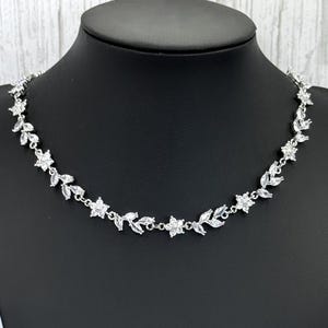 Crystal Bridal Cubic Zirconia Flower Petal Leafy Vine Choker Necklace, Wedding Necklace Bracelet Set, Clear White Gemstone Regal Necklace