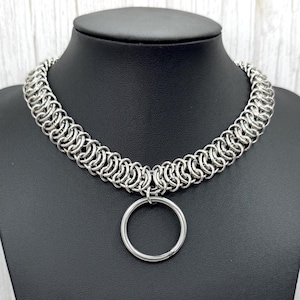 Handmade O Ring Chainmail Vertebrae Necklace, Stainless Steel Chain Collar, Biker Punk Choker