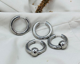 Silver Chunky Hoop Earrings: Stainless Steel Ball Earrings
