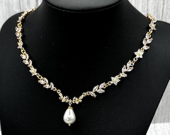 Gold Bridal Pearl Drop Necklace Set: CZ Crystal Leaf Jewelry, ZIrcon Bracelet and Earrings