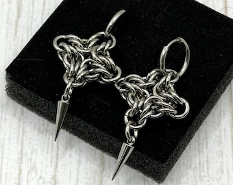 Custom Chainmail Byzantine Diamond Spike Earrings, Gothic Drop Hoops, Alternative Jewellery, Ear Accessories