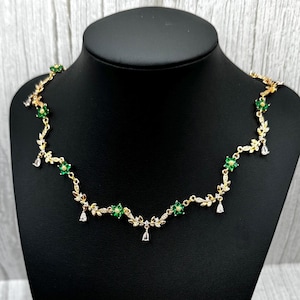 Gold Plated Emerald Green Jewelry Set, Bridal Victorian Necklace, Bracelet & Earrings, Crystal Zircon Choker