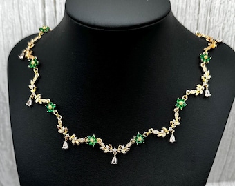 Gold Plated Emerald Green Jewelry Set, Bridal Victorian Necklace, Bracelet & Earrings, Crystal Zircon Choker