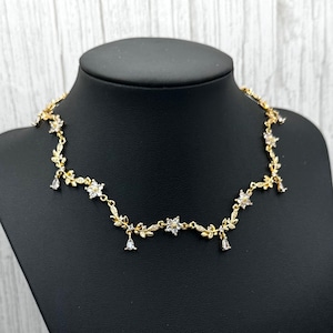 Gold Clear Crystal Rhinestone Choker Necklace, Regal Victorian Bridal Necklace, Flower Leafy Vine Choker, Necklace Earring Bracelet Set