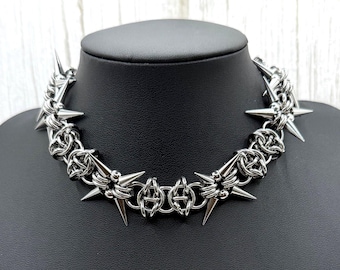 Chainmail Spike Rivet Cone Thorn Choker, Chunky Industrial Punk Rock Collar, Gothic Alternative Jewellery, Handwoven Barbed Wire Necklace