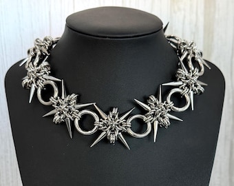 Chunky Industrial Chainmail Spike Gothic Collar, Punk Rivet Necklace, Stainless Steel O Ring Interlocking Choker