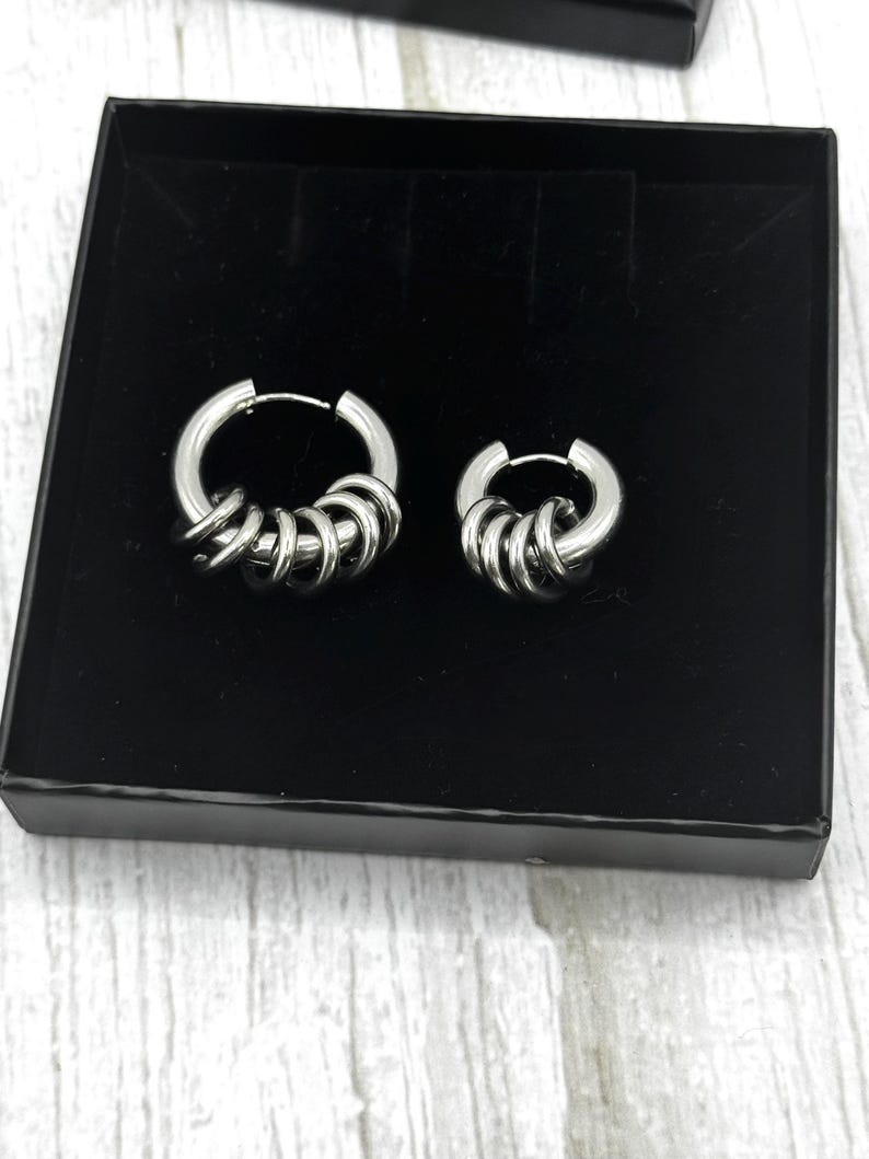 Silver Steel Chunky Earrings with Open Jumprings, Stainless Steel Statement Fashion Hoops, Gothic Punk Jewellery